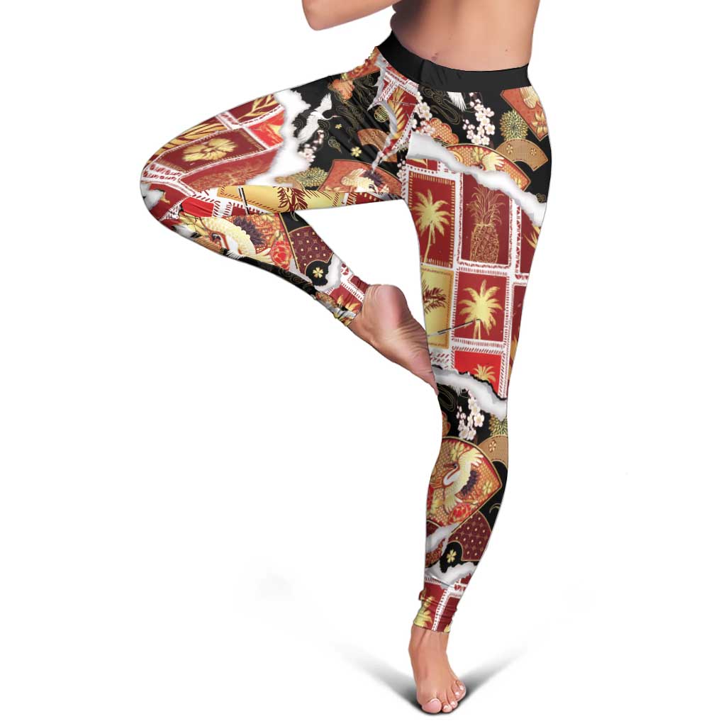 Hawaii Japanese Culture Black Leggings Spring Cranes Aloha Pattern