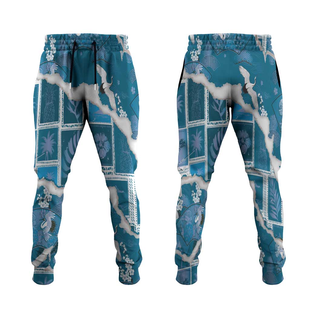 Hawaii Japanese Culture Blue Jogger Pants Spring Cranes Aloha Pattern