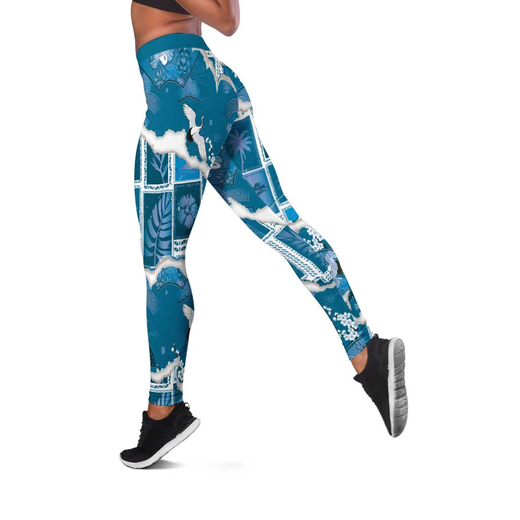 Hawaii Japanese Culture Blue Leggings Spring Cranes Aloha Pattern