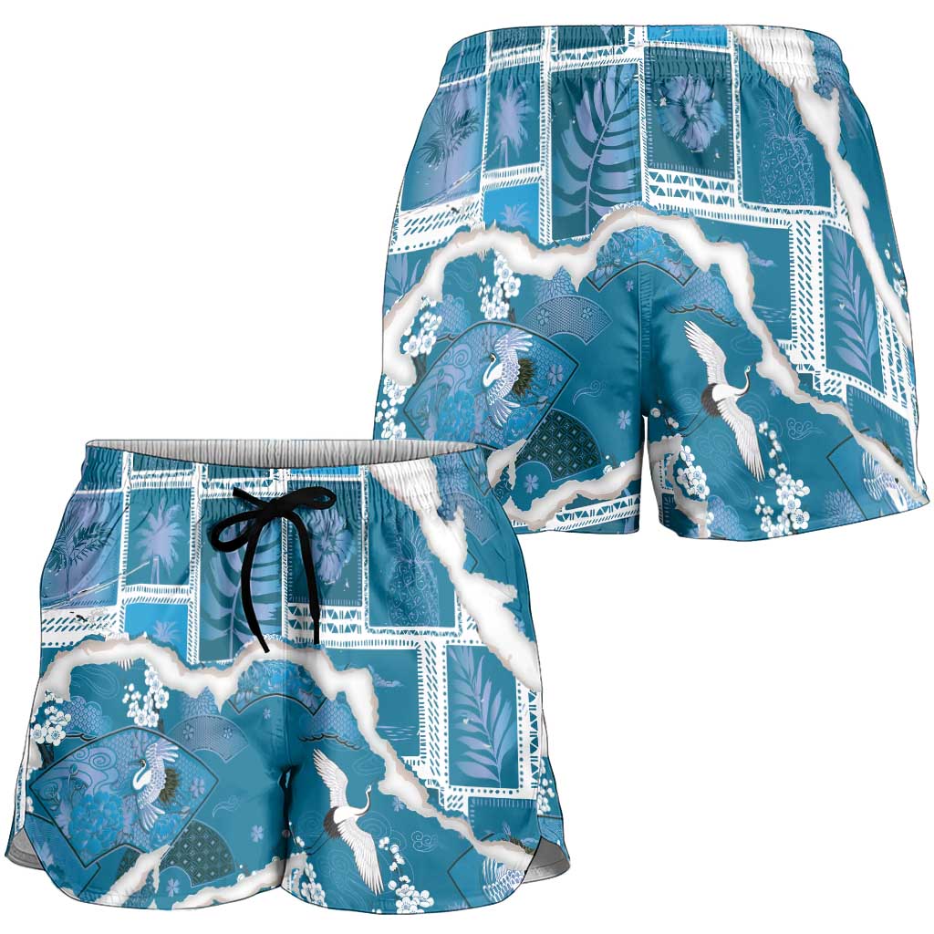 Hawaii Japanese Culture Blue Shorts for Women Spring Cranes Aloha Pattern