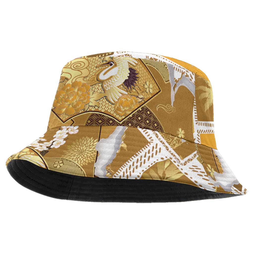 Hawaii Japanese Culture Gold Bucket Hat Spring Cranes Aloha Pattern