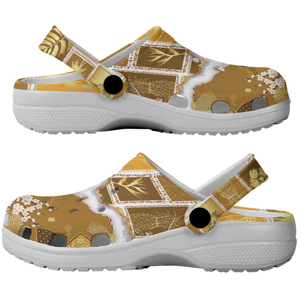 Hawaii Japanese Culture Gold Clogs Shoes Spring Cranes Aloha Pattern