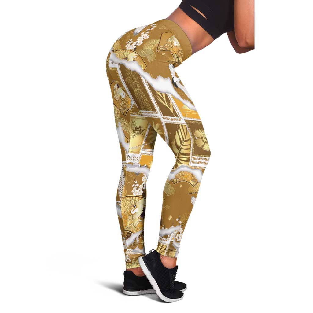 Hawaii Japanese Culture Gold Leggings Spring Cranes Aloha Pattern