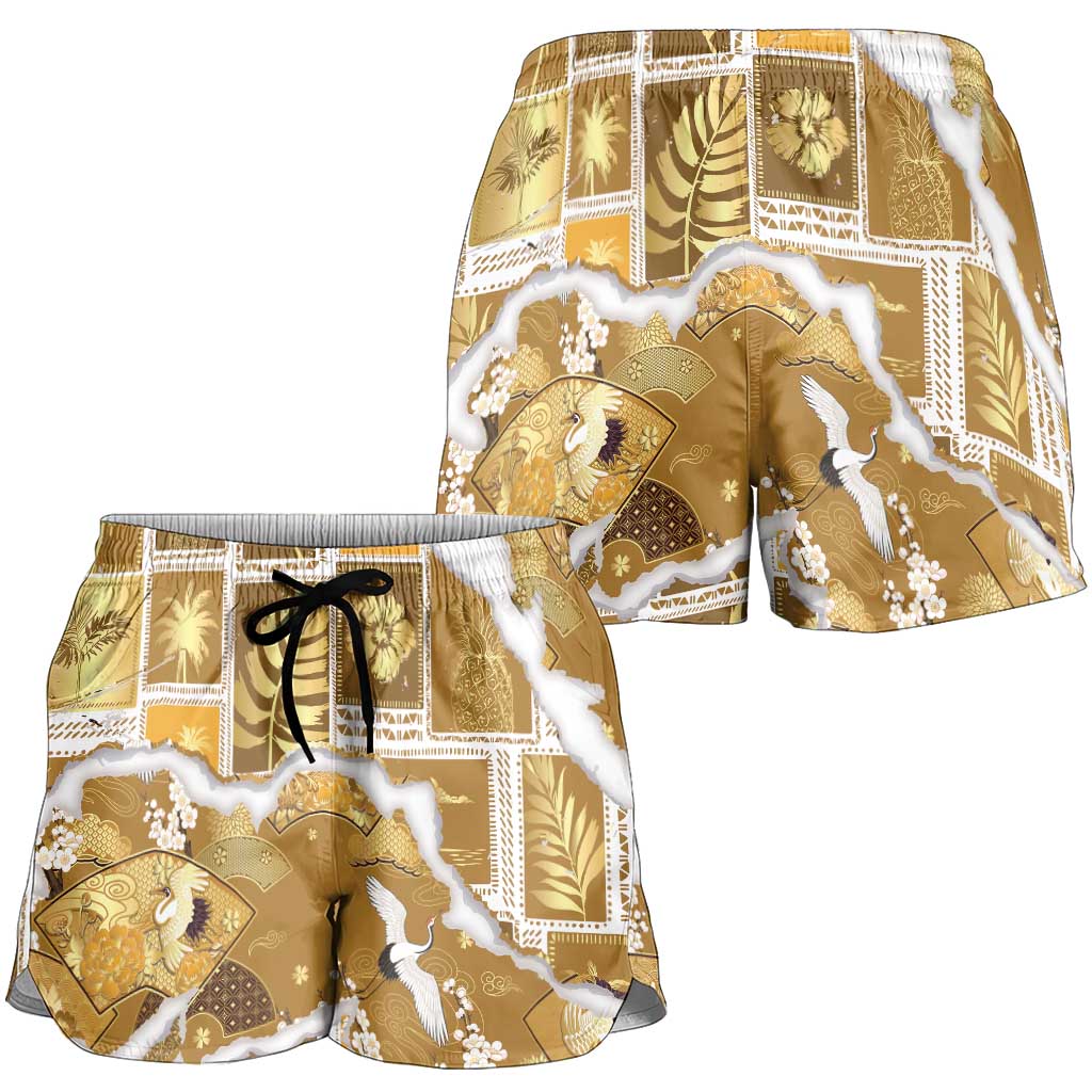 Hawaii Japanese Culture Gold Shorts for Women Spring Cranes Aloha Pattern LT01 - Polynesian Pride