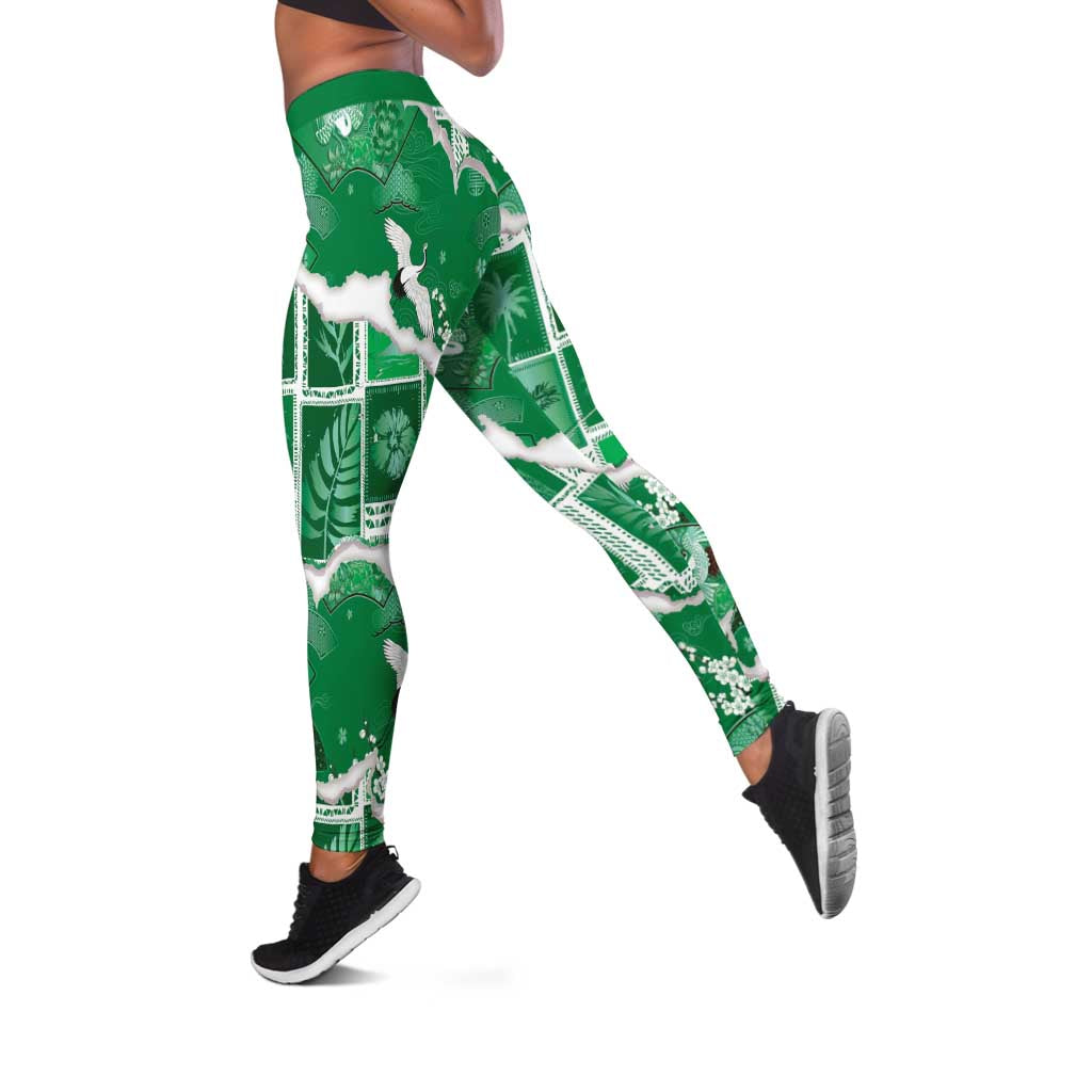 Hawaii Japanese Culture Green Leggings Spring Cranes Aloha Pattern