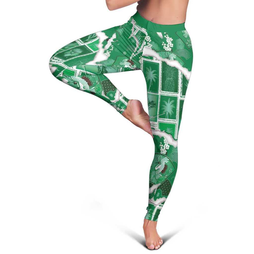 Hawaii Japanese Culture Green Leggings Spring Cranes Aloha Pattern