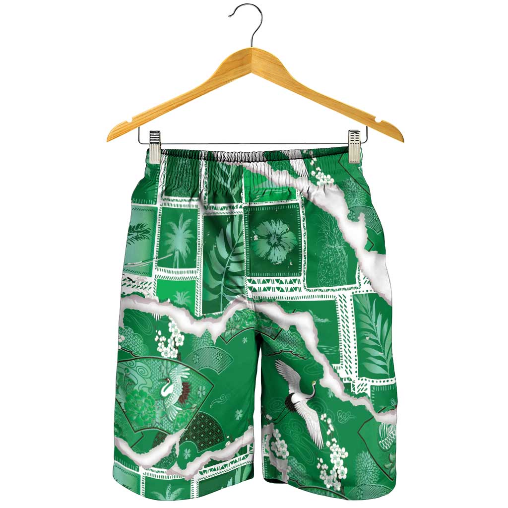 Hawaii Japanese Culture Green Shorts for Men Spring Cranes Aloha Pattern