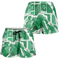 Hawaii Japanese Culture Green Shorts for Women Spring Cranes Aloha Pattern