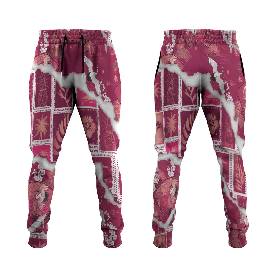 Hawaii Japanese Culture Pink Jogger Pants Spring Cranes Aloha Pattern