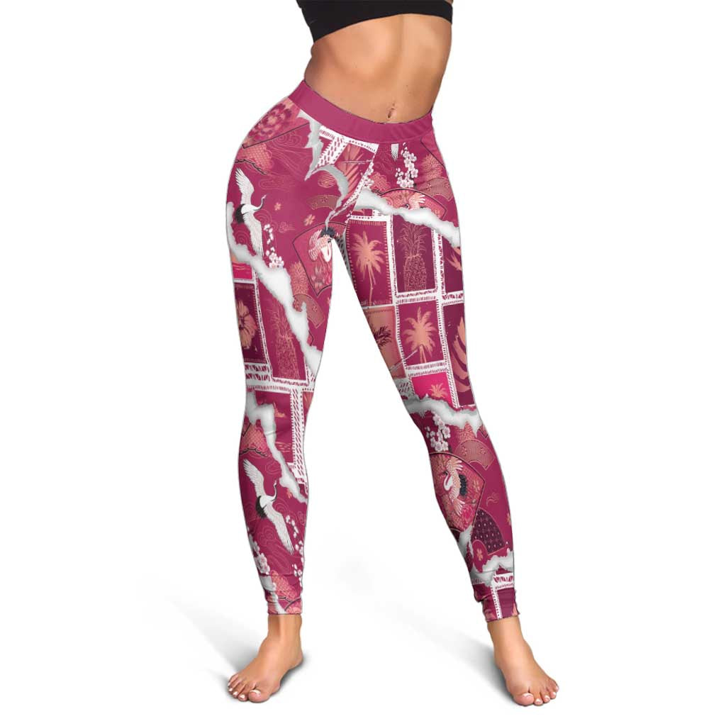 Hawaii Japanese Culture Pink Leggings Spring Cranes Aloha Pattern