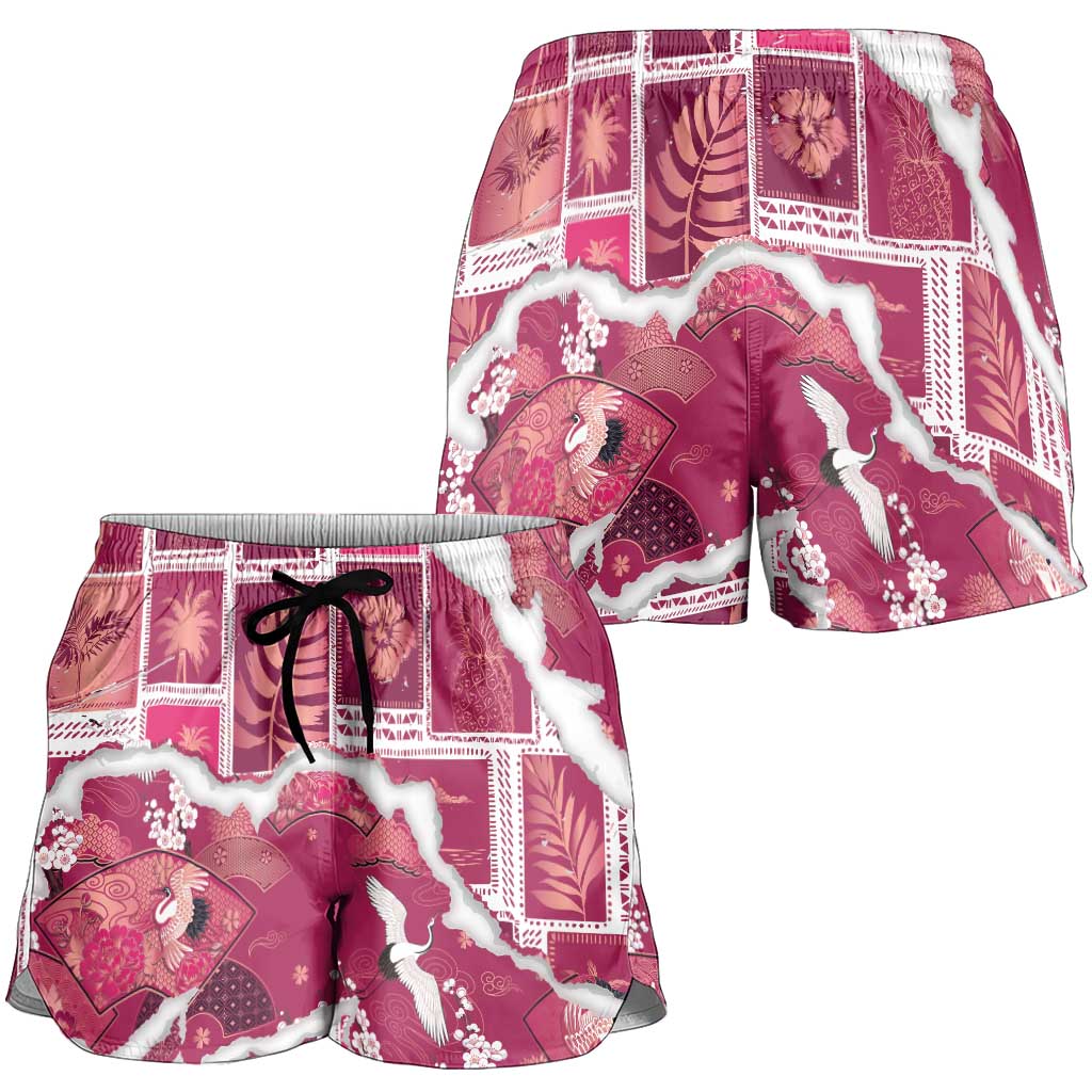 Hawaii Japanese Culture Pink Shorts for Women Spring Cranes Aloha Pattern