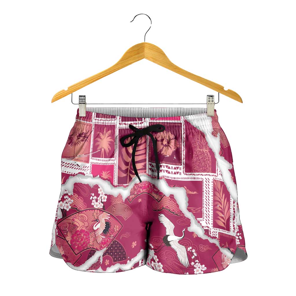 Hawaii Japanese Culture Pink Shorts for Women Spring Cranes Aloha Pattern