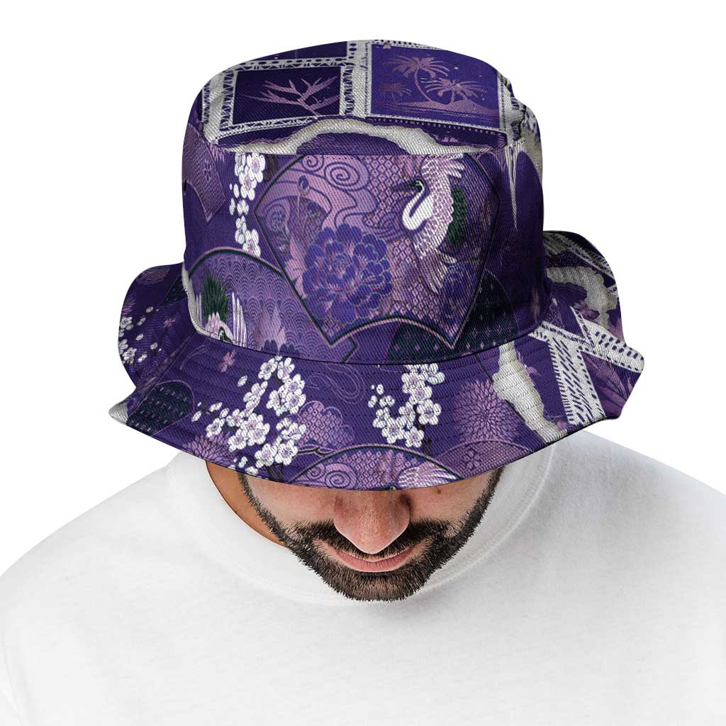 Hawaii Japanese Culture Purple Bucket Hat Spring Cranes Aloha Pattern