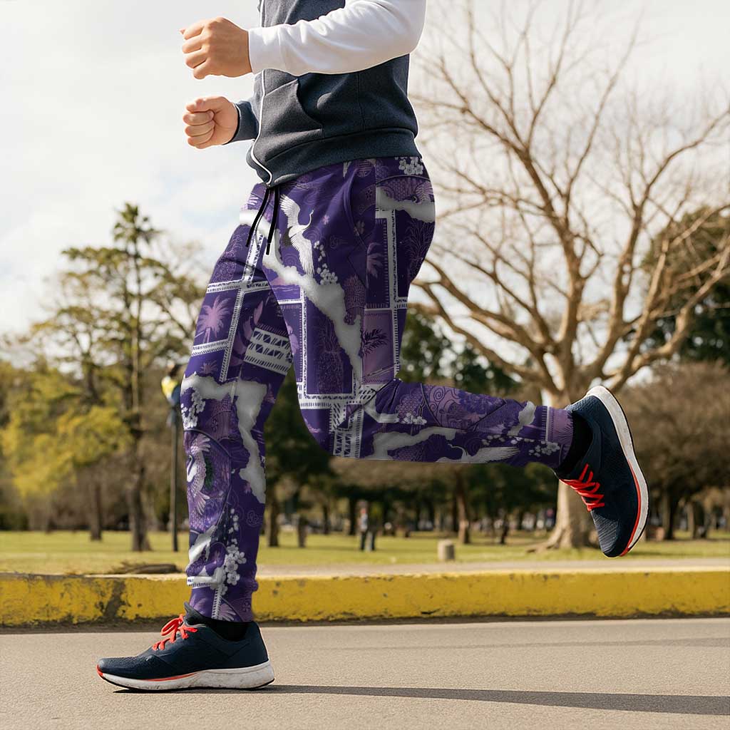 Hawaii Japanese Culture Purple Jogger Pants Spring Cranes Aloha Pattern