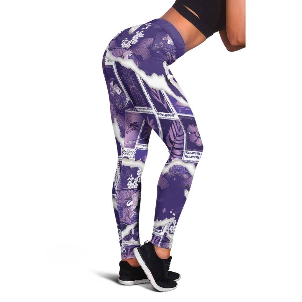 Hawaii Japanese Culture Purple Leggings Spring Cranes Aloha Pattern