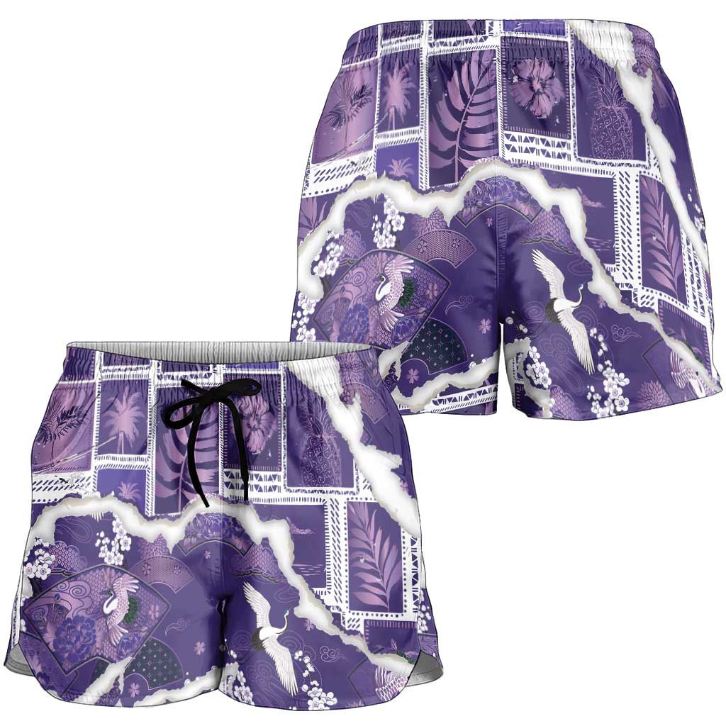 Hawaii Japanese Culture Purple Shorts for Women Spring Cranes Aloha Pattern LT01 - Polynesian Pride