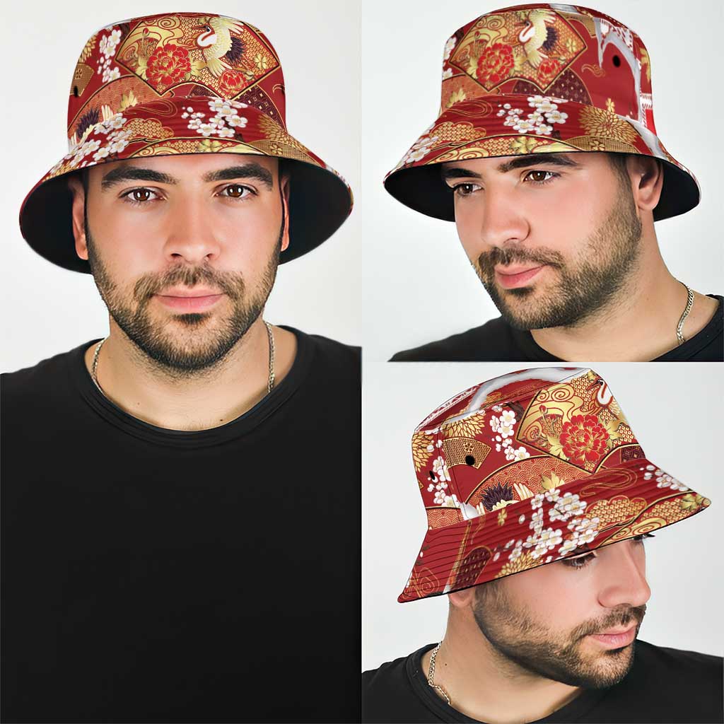 Hawaii Japanese Culture Red Bucket Hat Spring Cranes Aloha Pattern