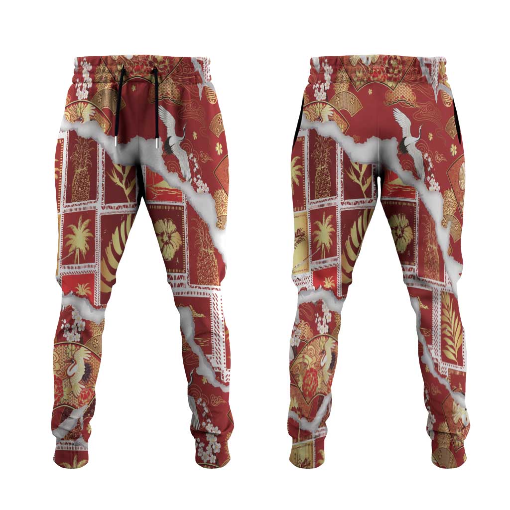 Hawaii Japanese Culture Red Jogger Pants Spring Cranes Aloha Pattern
