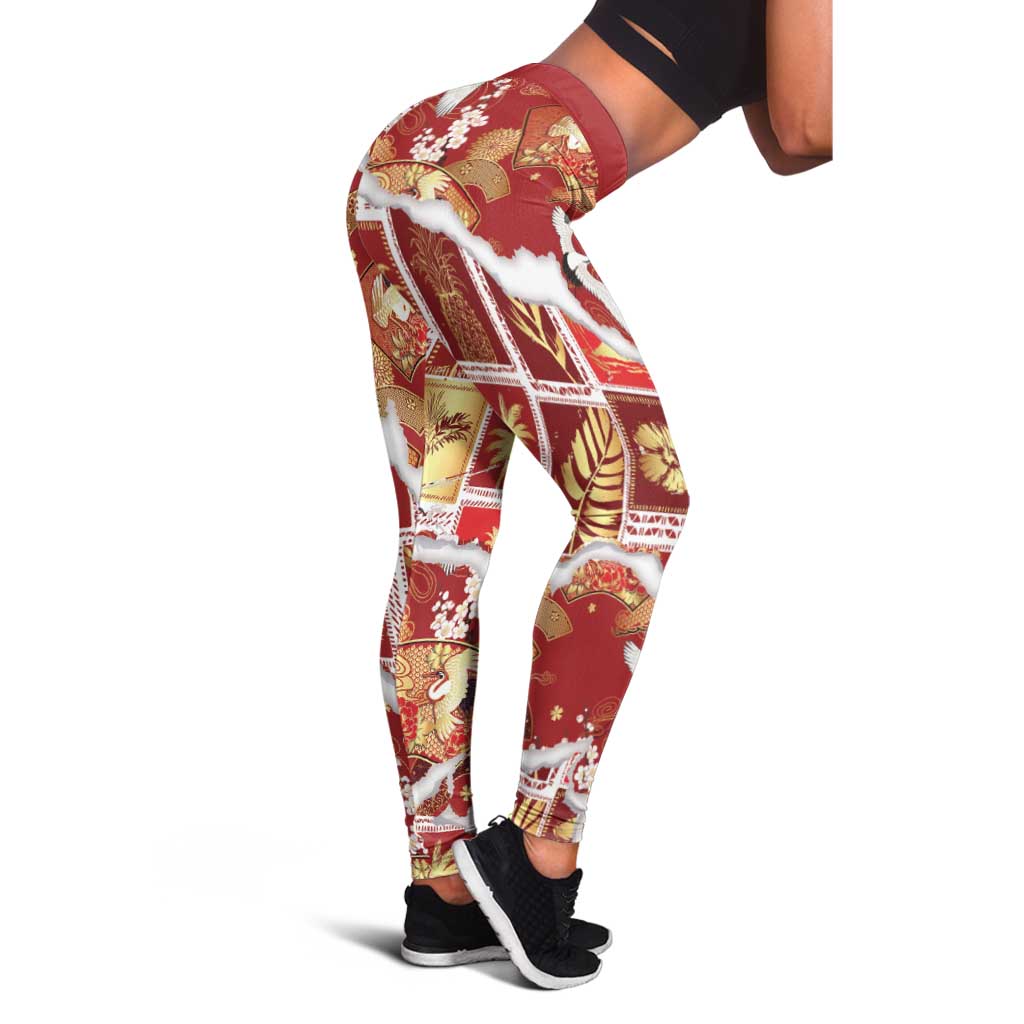 Hawaii Japanese Culture Red Leggings Spring Cranes Aloha Pattern