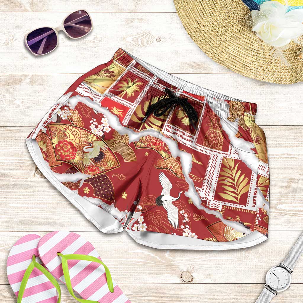 Hawaii Japanese Culture Red Shorts for Women Spring Cranes Aloha Pattern