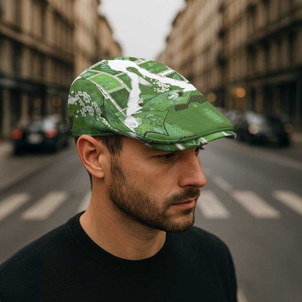 Hawaii Japanese Culture Sage Green Jeff Hat Spring Cranes Aloha Pattern