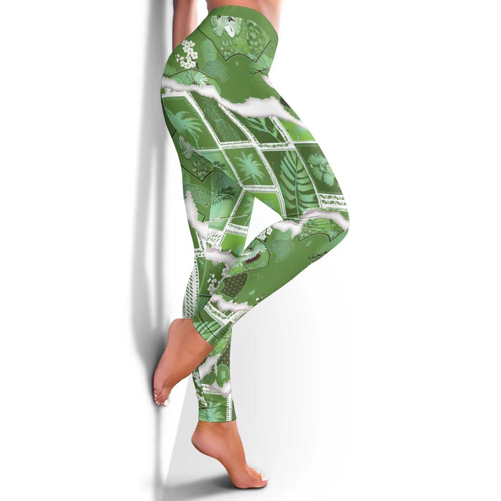 Hawaii Japanese Culture Sage Green Leggings Spring Cranes Aloha Pattern