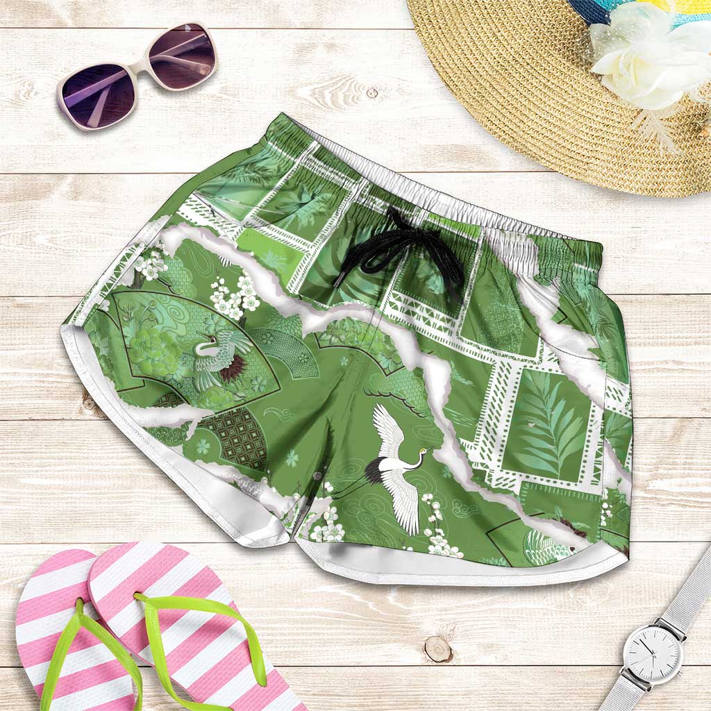 Hawaii Japanese Culture Sage Green Shorts for Women Spring Cranes Aloha Pattern LT01 Sage - Polynesian Pride
