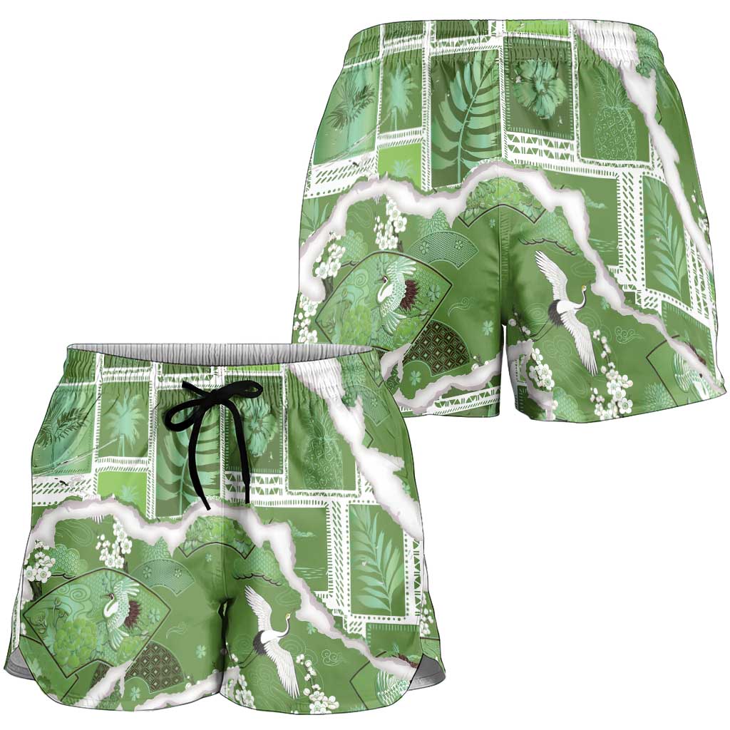 Hawaii Japanese Culture Sage Green Shorts for Women Spring Cranes Aloha Pattern LT01 - Polynesian Pride