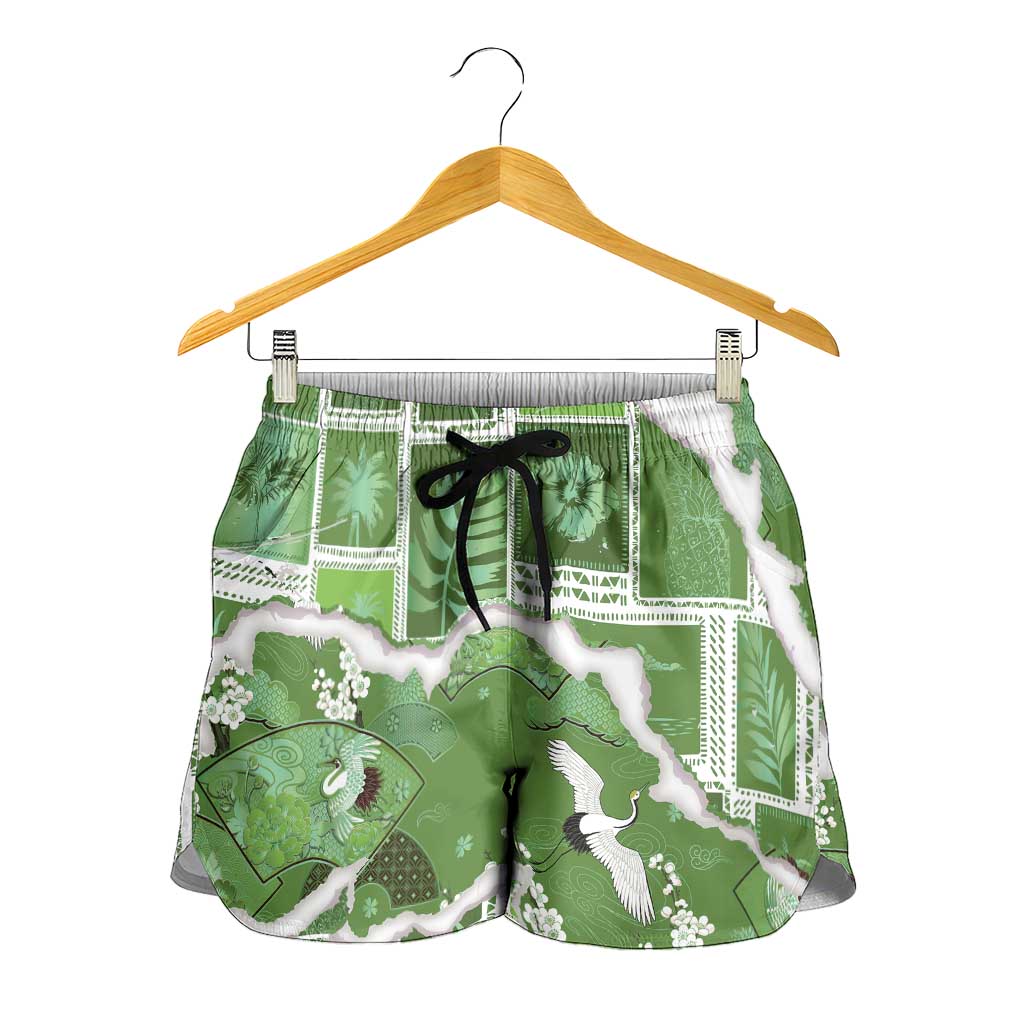 Hawaii Japanese Culture Sage Green Shorts for Women Spring Cranes Aloha Pattern LT01 - Polynesian Pride