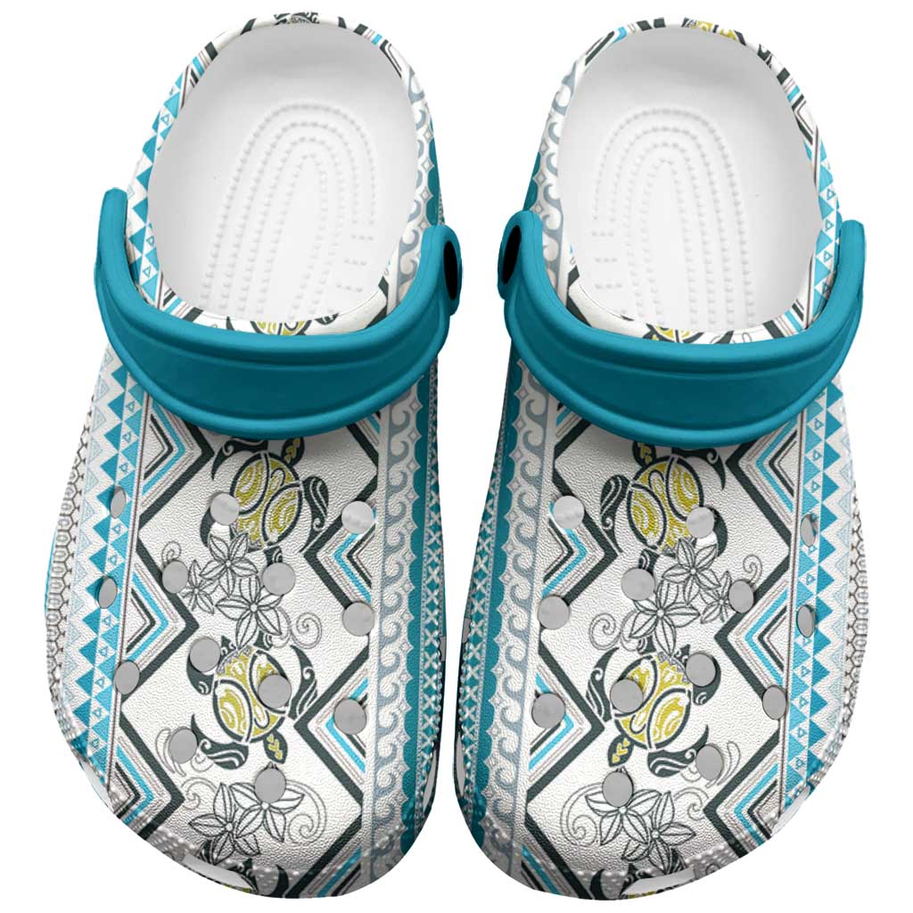 Hawaii Makahiki Turtle Clogs Shoes Blue Tapa Pattern - Polynesian Pride