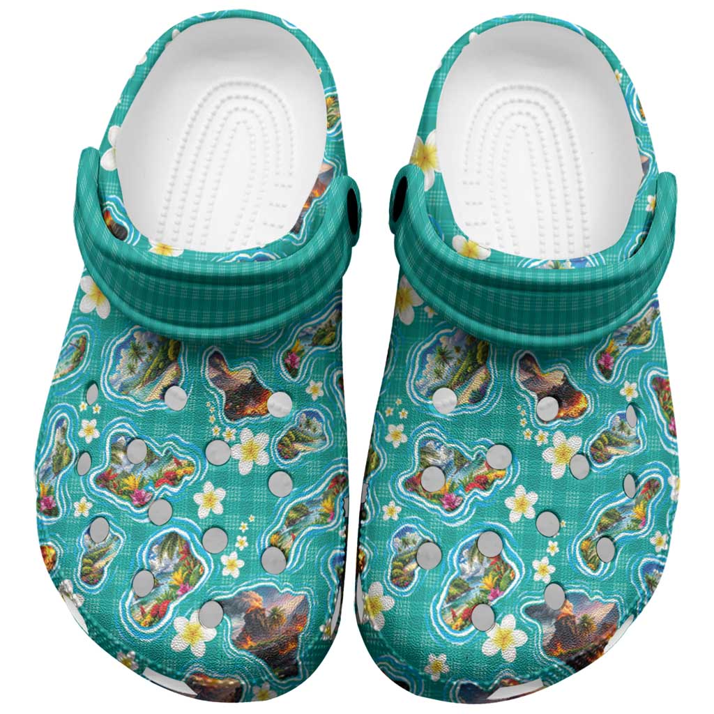 Hawaii Map with Plumeria Flower and Palaka Pattern Clogs Shoes Tropical Island Teal Design LT03 Teal - Polynesian Pride
