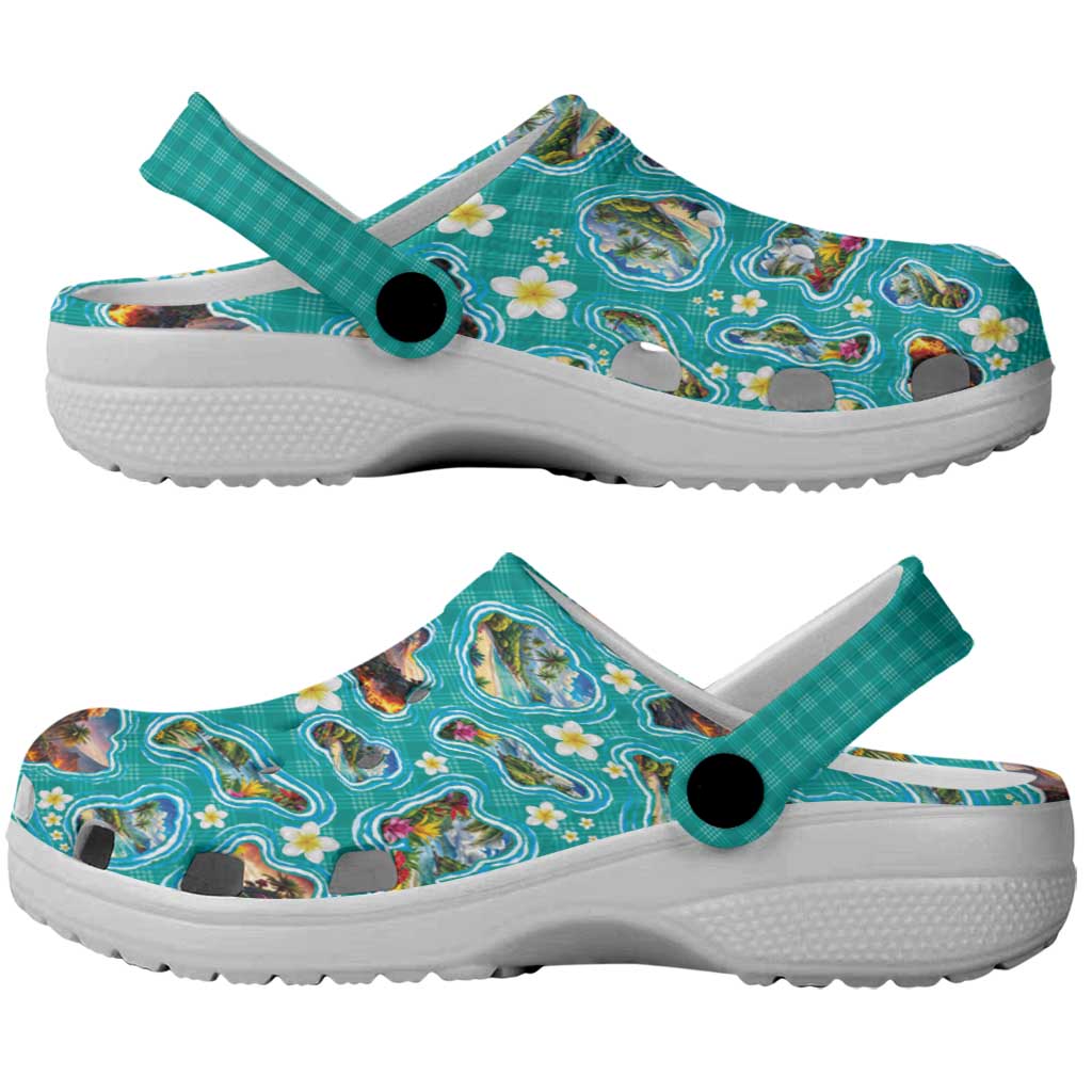 Hawaii Map with Plumeria Flower and Palaka Pattern Clogs Shoes Tropical Island Teal Design LT03 - Polynesian Pride