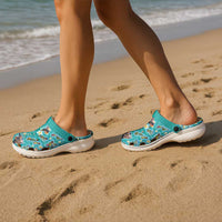 Hawaii Map with Plumeria Flower and Palaka Pattern Clogs Shoes Tropical Island Teal Design LT03 - Polynesian Pride