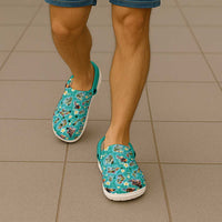 Hawaii Map with Plumeria Flower and Palaka Pattern Clogs Shoes Tropical Island Teal Design LT03 - Polynesian Pride