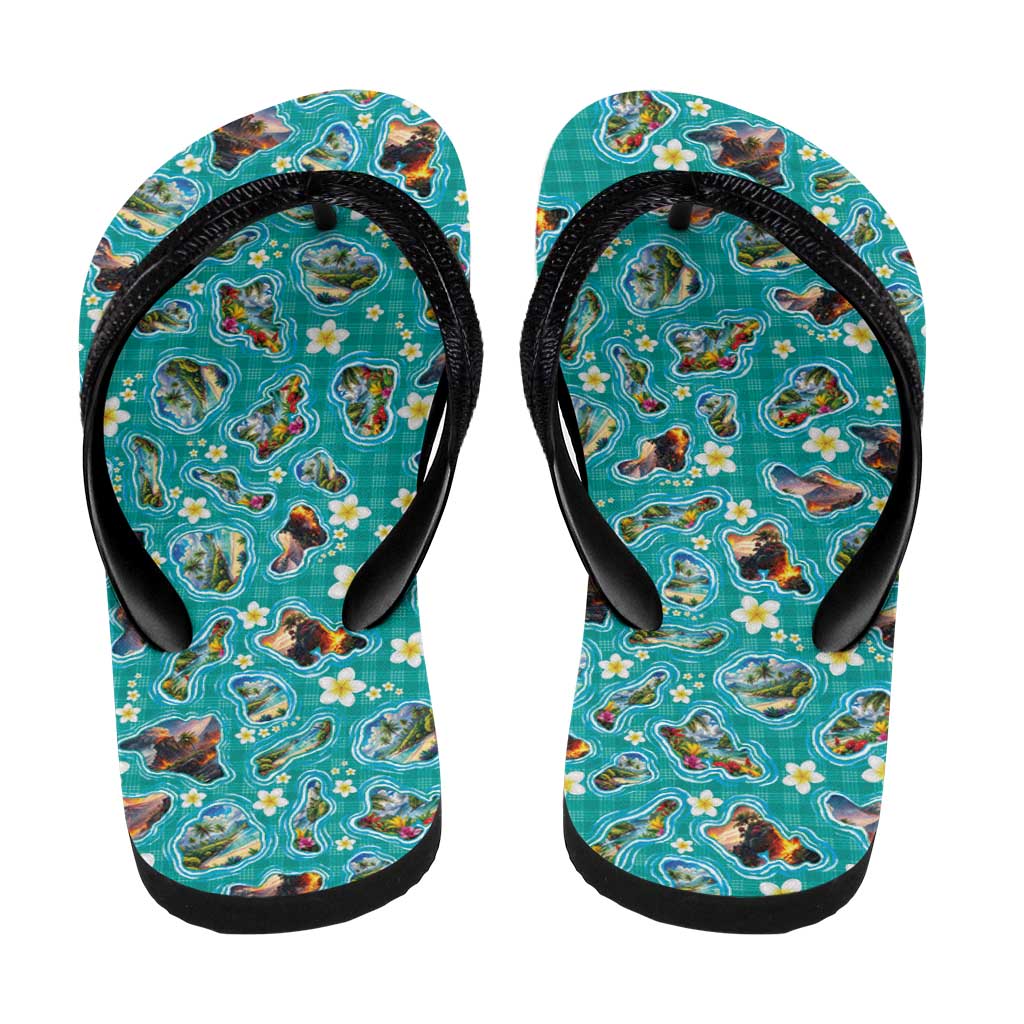 Hawaii Map with Plumeria Flower and Palaka Pattern Flip Flops Tropical Island Teal Design