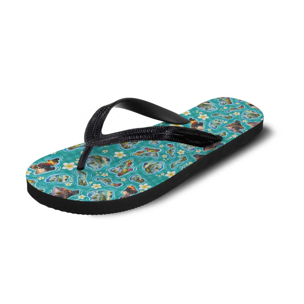 Hawaii Map with Plumeria Flower and Palaka Pattern Flip Flops Tropical Island Teal Design