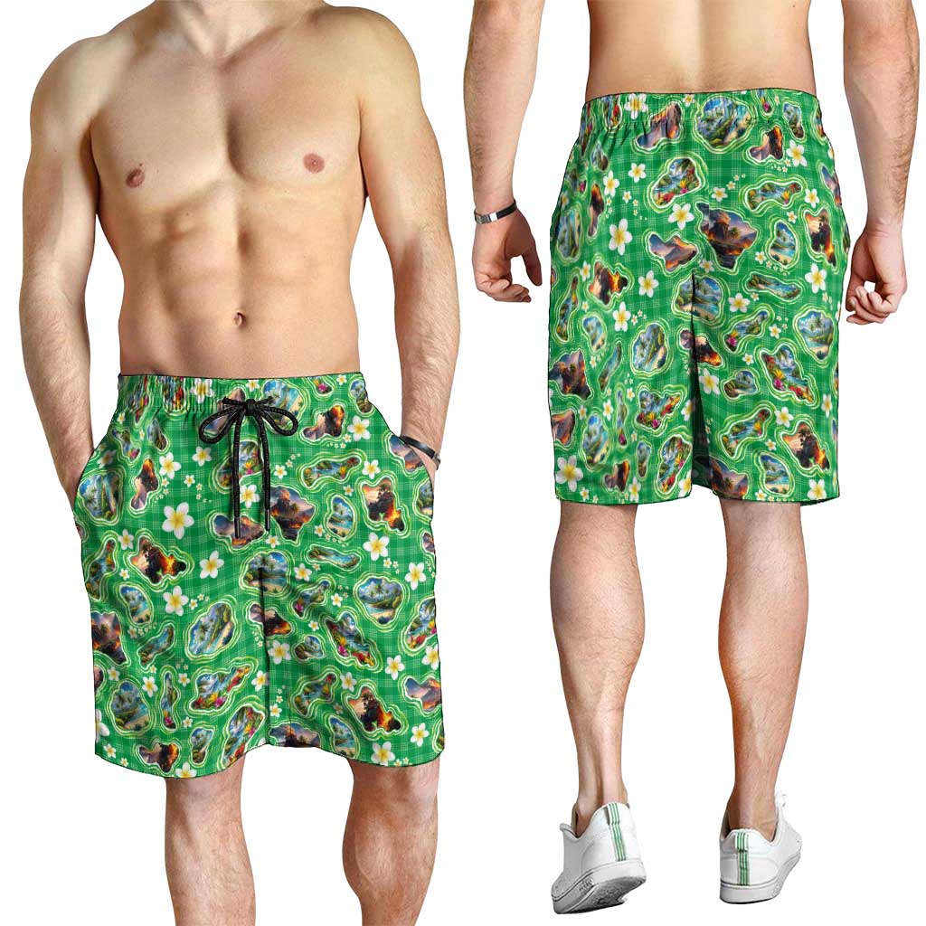 Hawaii Map with Plumeria Flower and Palaka Pattern Shorts for Men Tropical Island Green Design