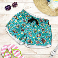 Hawaii Map with Plumeria Flower and Palaka Pattern Shorts for Women Tropical Island Teal Design