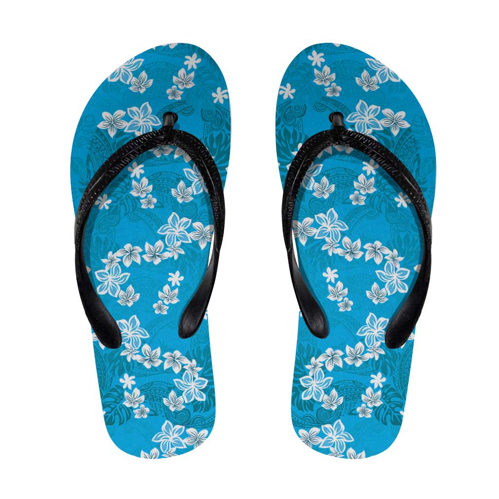 Hawaii Monstera Deliciosa Flip Flops Blue Plumeria Polynesian Pattern - Polynesian Pride