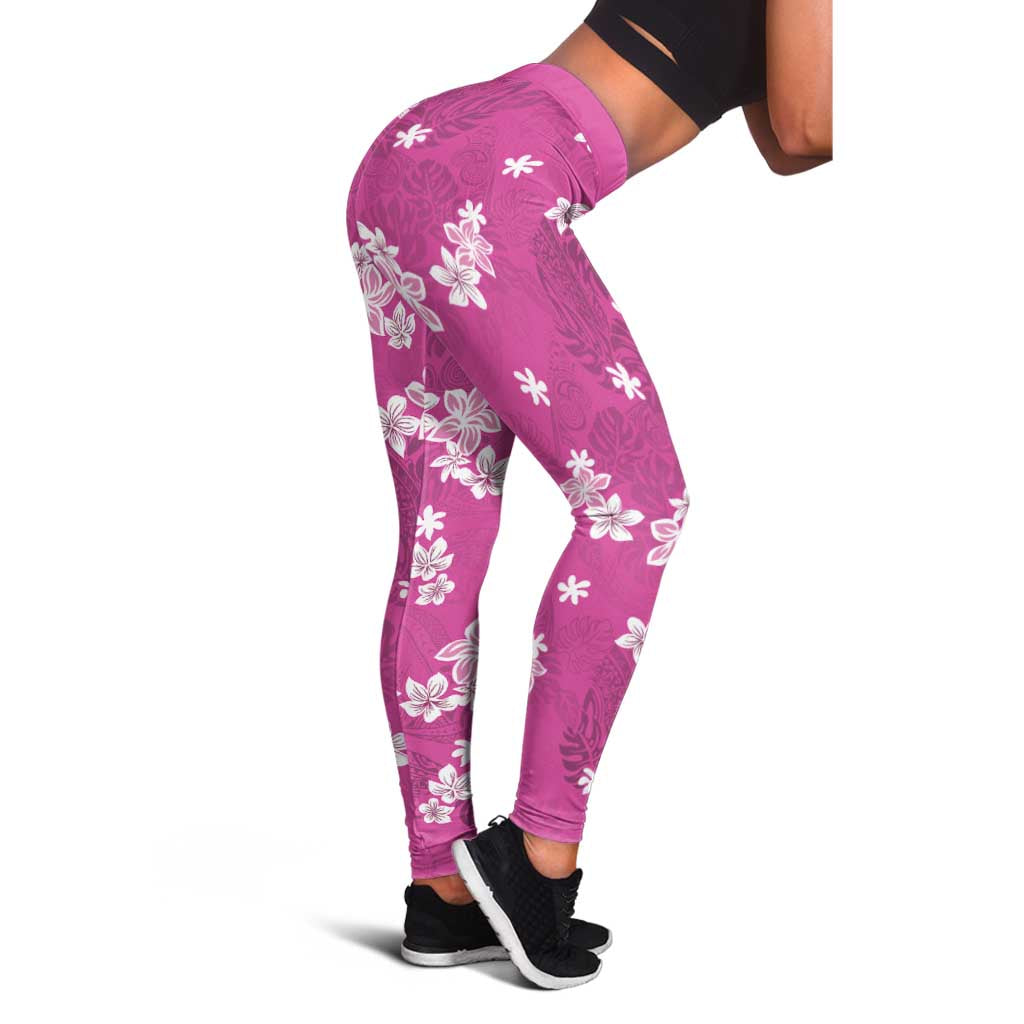 Hawaii Monstera Deliciosa Leggings Pink Plumeria Polynesian Pattern - Polynesian Pride