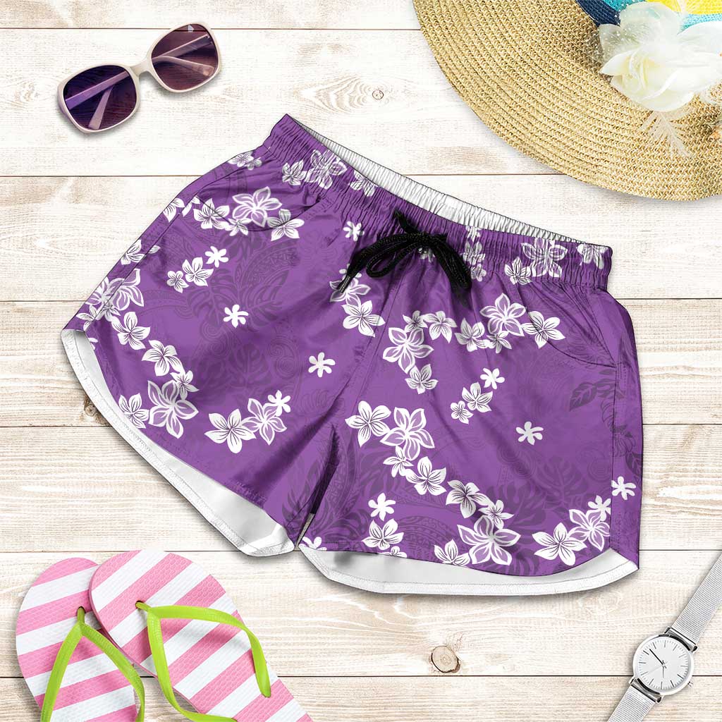 Hawaii Monstera Deliciosa Shorts for Women Purple Plumeria Polynesian Pattern LT05 Purple - Polynesian Pride