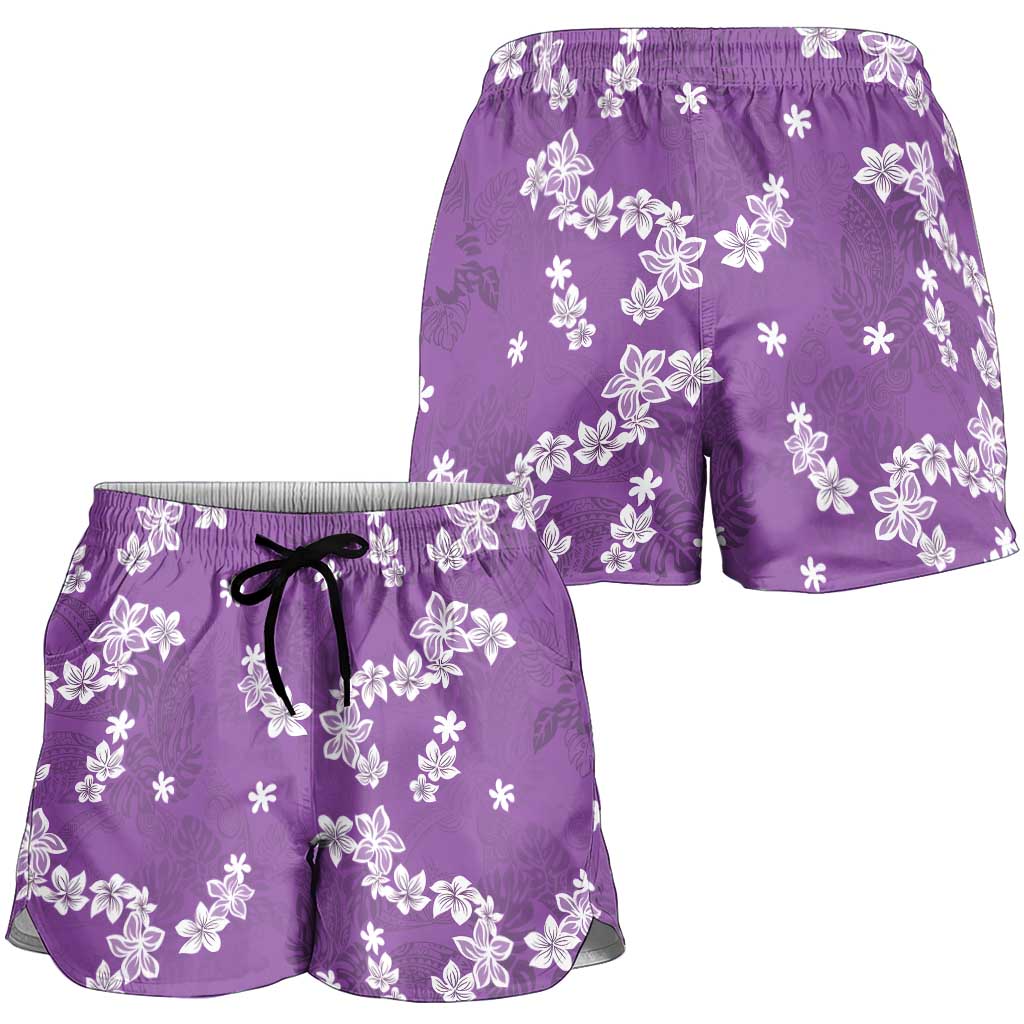 Hawaii Monstera Deliciosa Shorts for Women Purple Plumeria Polynesian Pattern LT05 - Polynesian Pride
