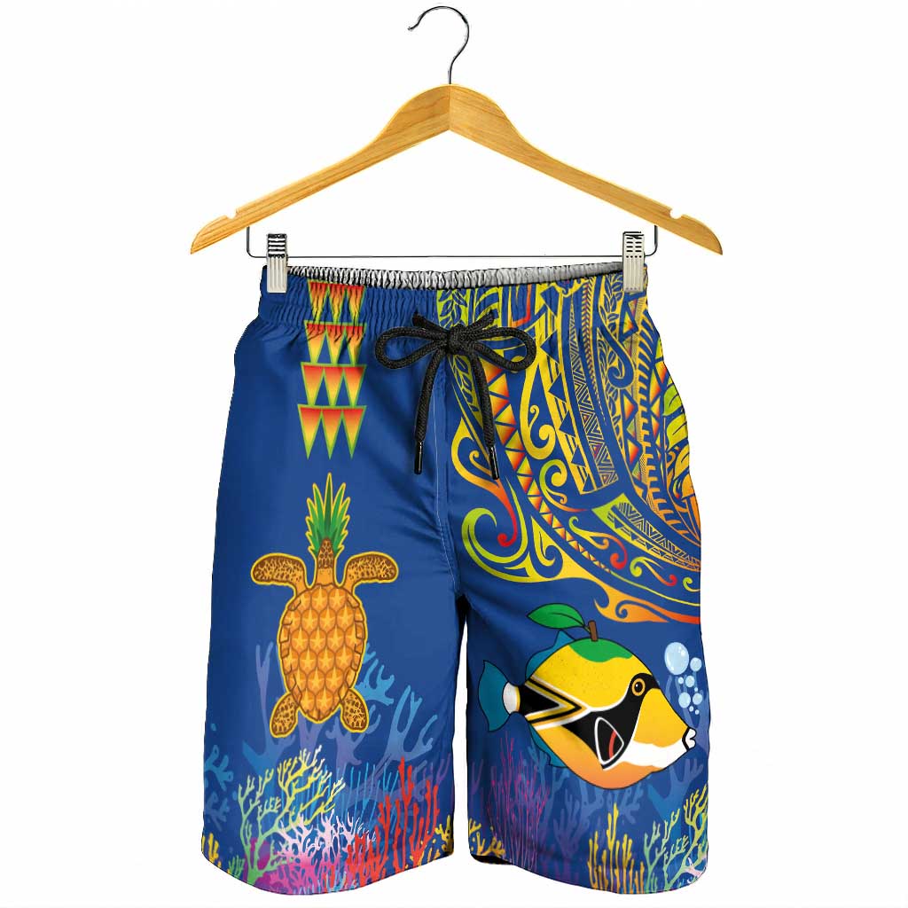 Hawaii Ocean Shorts for Men Pineapple Turtle and Mango Reef Triggerfish and Kakau Tattoo LT03 - Polynesian Pride