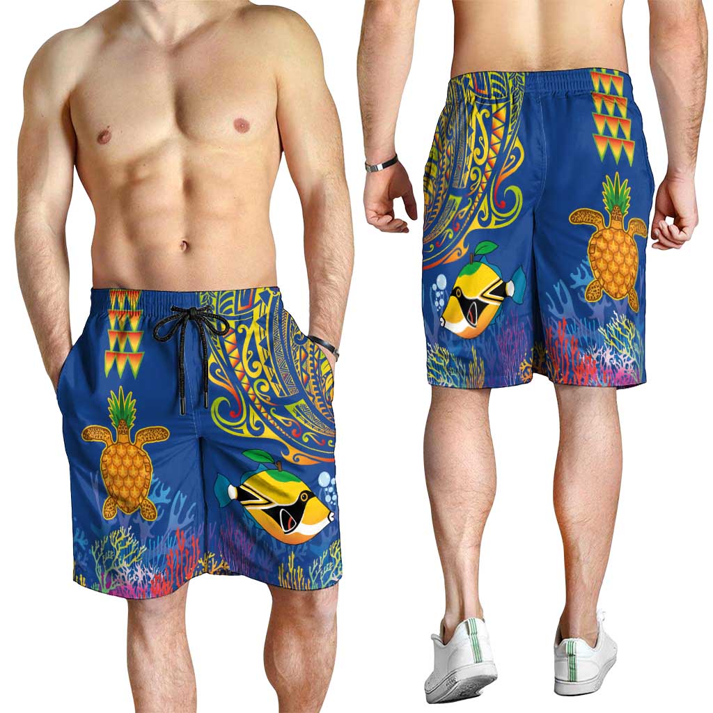 Hawaii Ocean Shorts for Men Pineapple Turtle and Mango Reef Triggerfish and Kakau Tattoo LT03 - Polynesian Pride