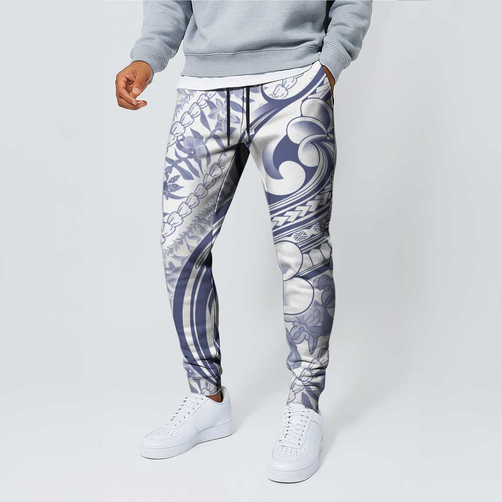 Hawaii Plumeria Lokelani Pikake Lei Jogger Pants Navy Blue Polynesian Tattoo