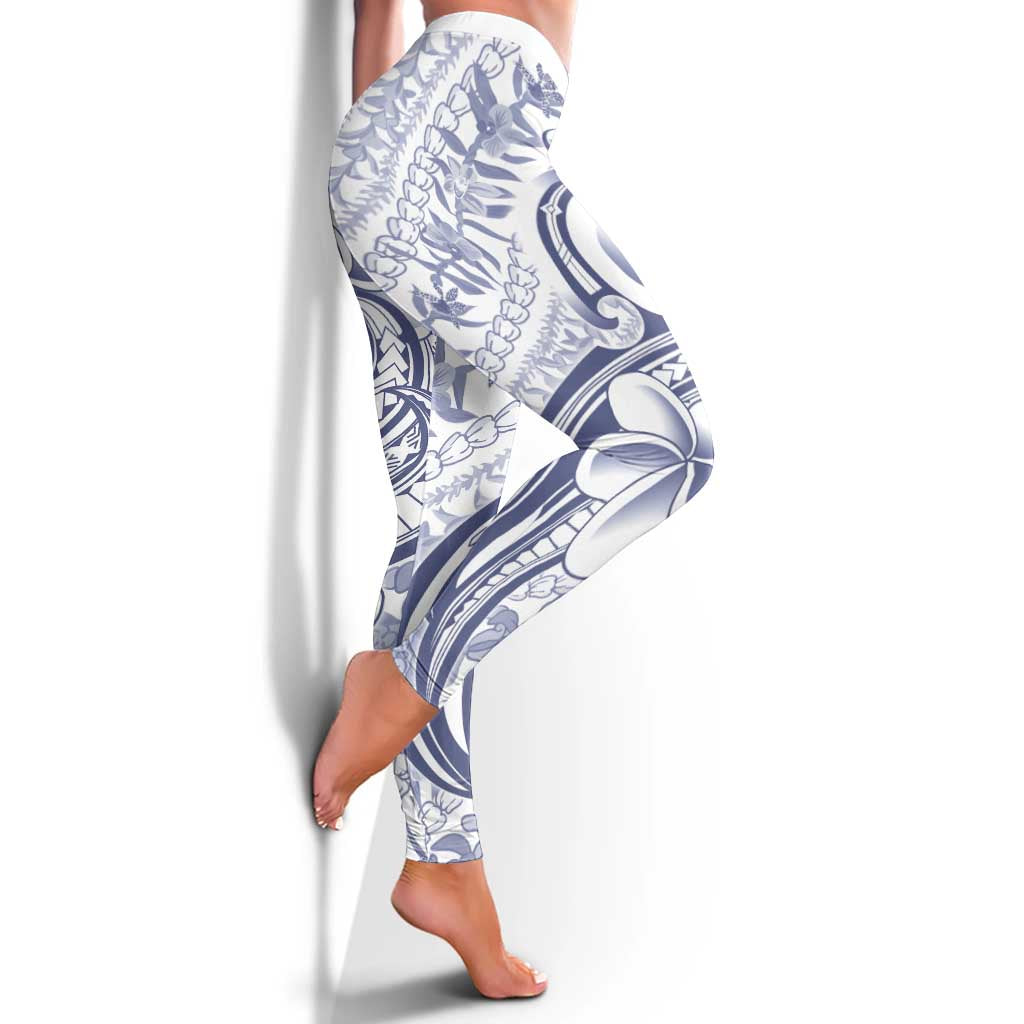 Hawaii Plumeria Lokelani Pikake Lei Leggings Navy Blue Polynesian Tattoo