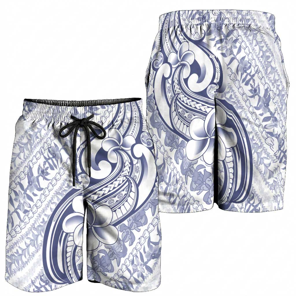 Hawaii Plumeria Lokelani Pikake Lei Shorts for Men Navy Blue Polynesian Tattoo