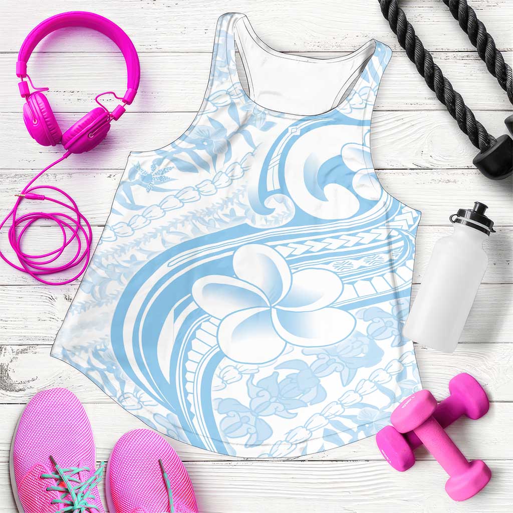 Hawaii Plumeria Lokelani Pikake Lei Women Racerback Tank Uliuli Polynesian Tattoo LT9 Blue - Polynesian Pride