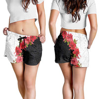Hawaii Red Hibiscus Flowers Shorts for Women Polynesian Pattern Half Black White Version - Polynesian Pride