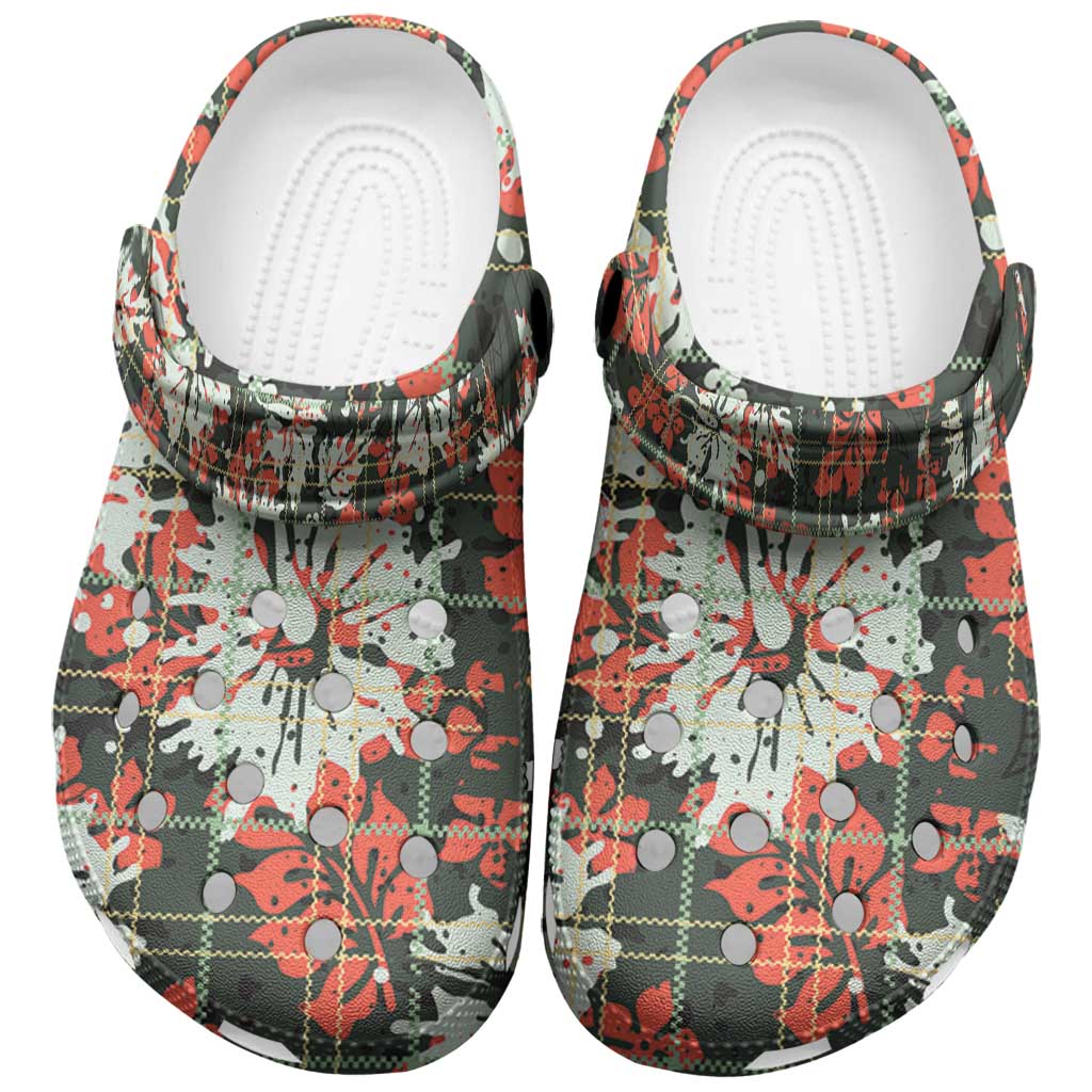 Hawaii Tartan With Hibiscus Clogs Shoes Polynesian Pattern Vintage LT9 Dark Green - Polynesian Pride